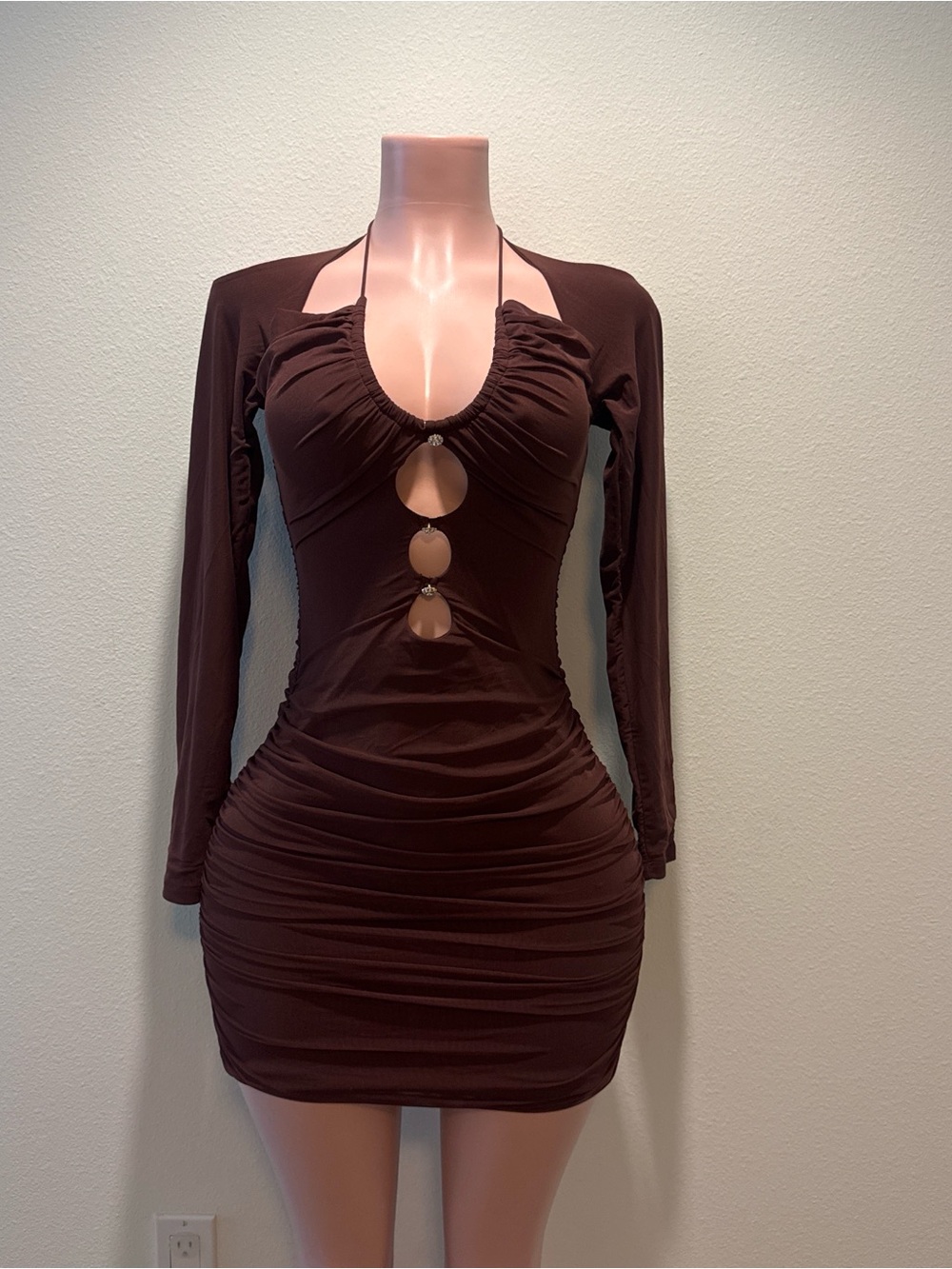 Brown Ruched Cutout Bodycon Dress